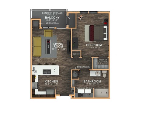 Floor plan for 1 bed, 1 bath, 863 sqft
